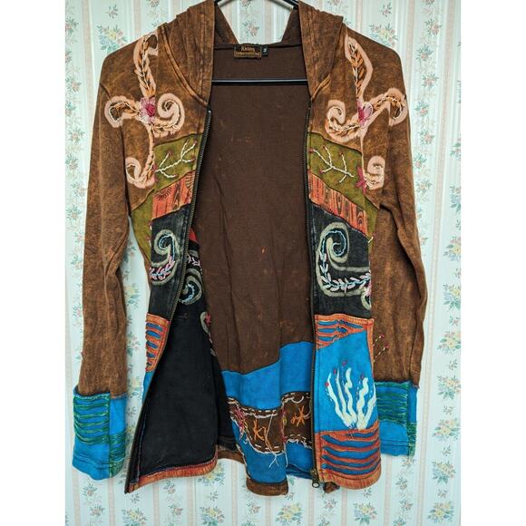 Rising International Jacket WOMENS SIZE M Full Zip Hoodie Boho Rust Nepal Hippie - Picture 2 of 10